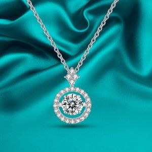 Dancing Moissanite Diamond Pendant with a Halo of Diamonds